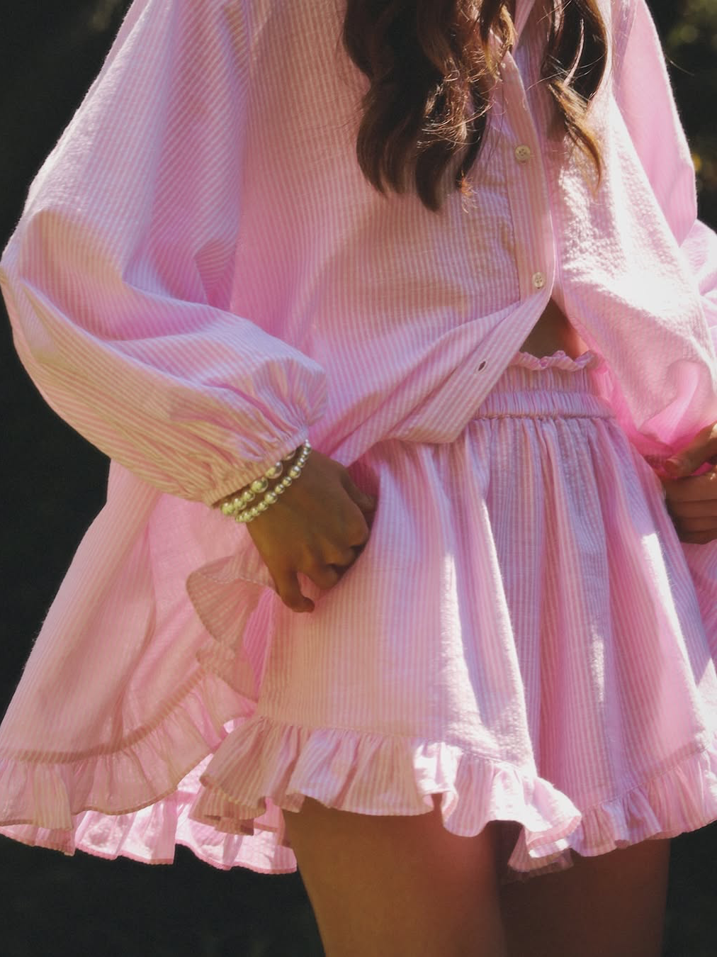 Lisa™ | Striped Lapel, Bubble Sleeve, Ruffle Trim Shorts Set