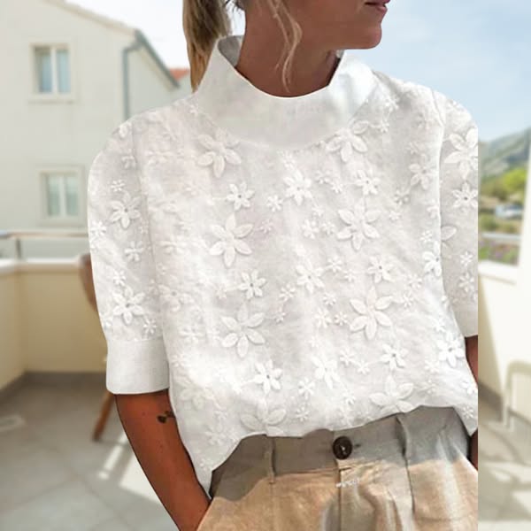 Cécile⹠| Elegant Broderad Sommarblus med Stilren StÄkrage