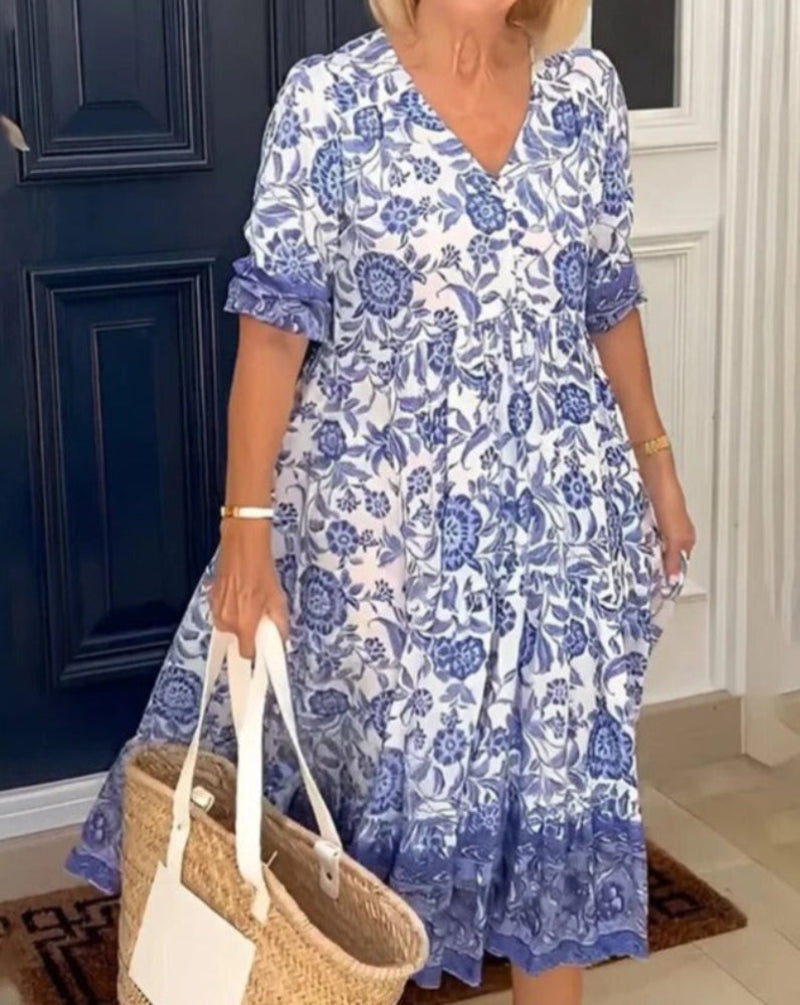 Fleur™ | Somrig midiklänning med blått blomstermönster