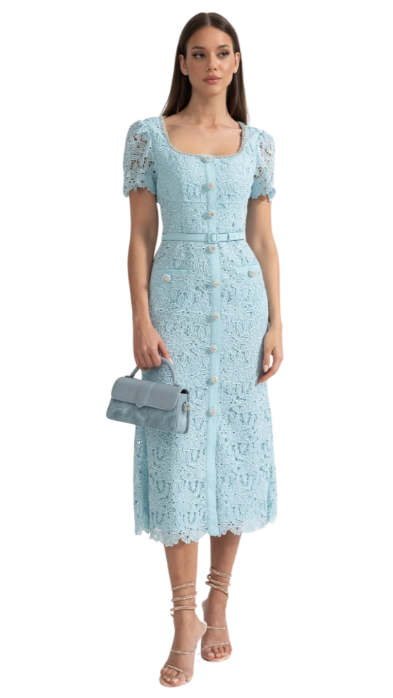 Desiré™ | Delicate Azure Lace Midi Dress - Baby Blue