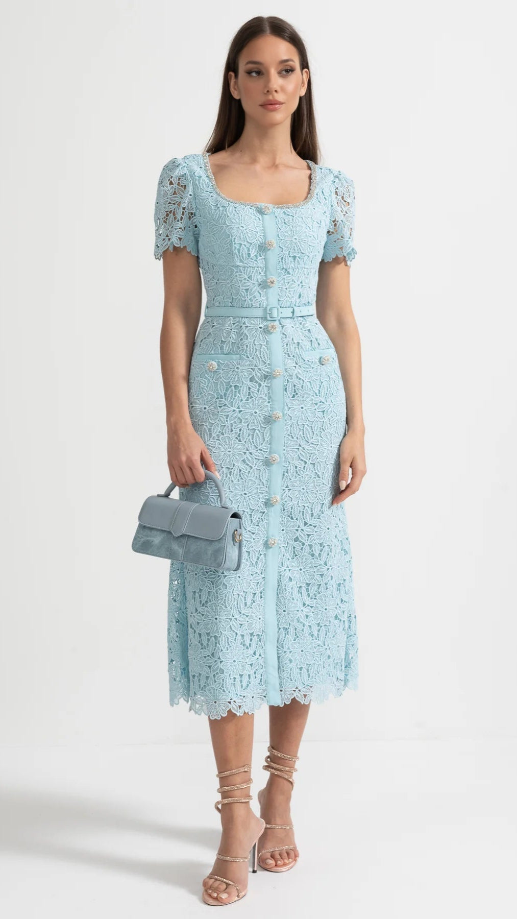 Desiré™ | Delicate Azure Lace Midi Dress - Baby Blue