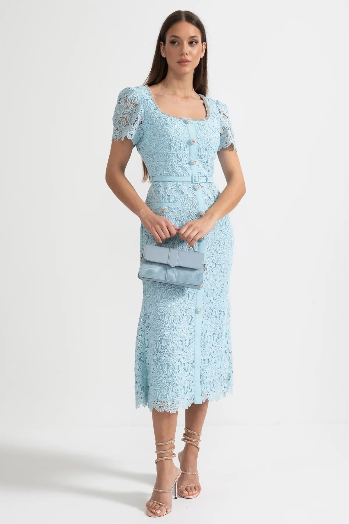 Desiré™ | Delicate Azure Lace Midi Dress - Baby Blue