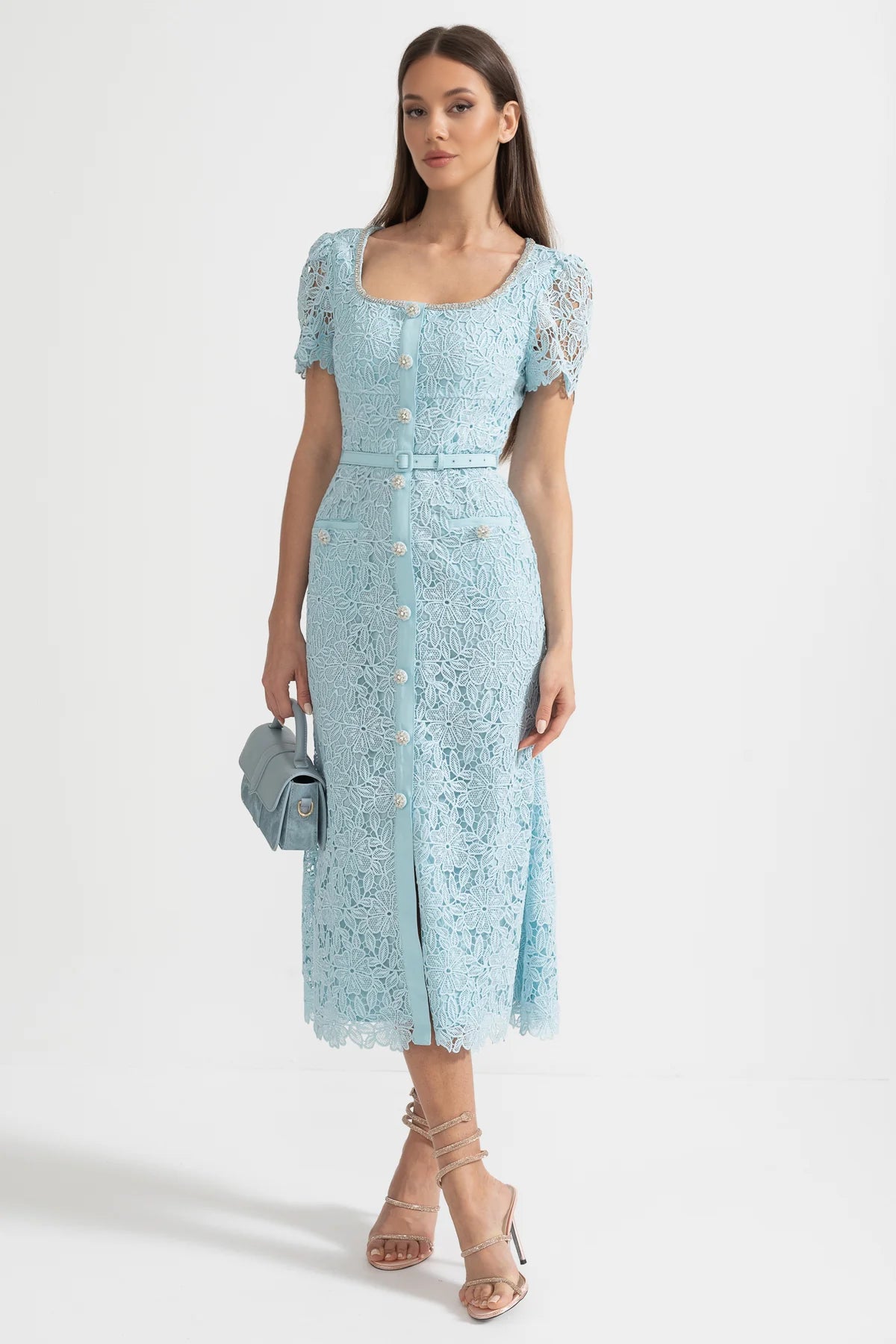 Desiré™ | Delicate Azure Lace Midi Dress - Baby Blue