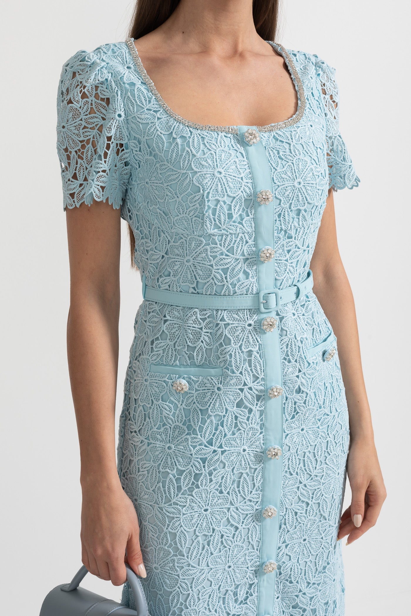 Desiré™ | Delicate Azure Lace Midi Dress - Baby Blue