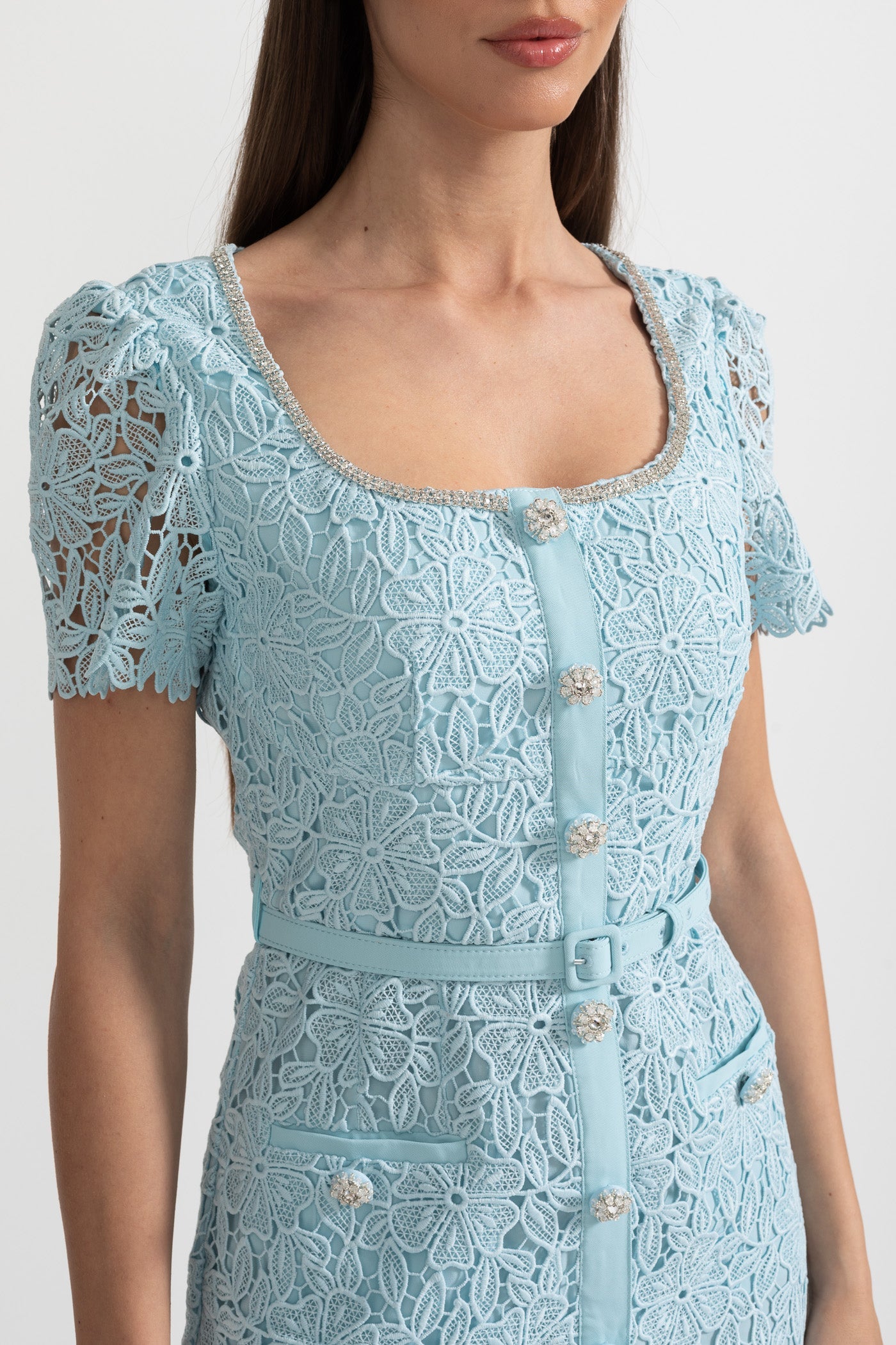 Desiré™ | Delicate Azure Lace Midi Dress - Baby Blue
