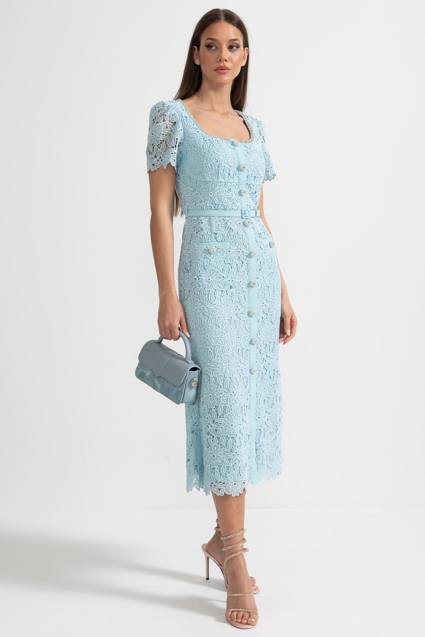 Desiré™ | Delicate Azure Lace Midi Dress - Baby Blue