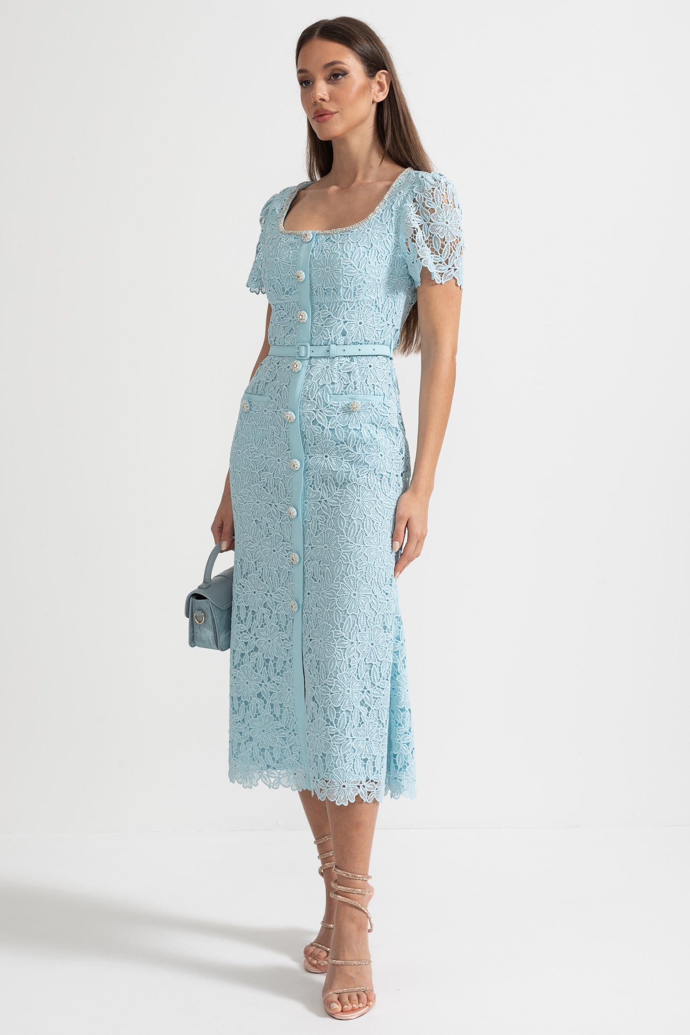 Desiré™ | Delicate Azure Lace Midi Dress - Baby Blue