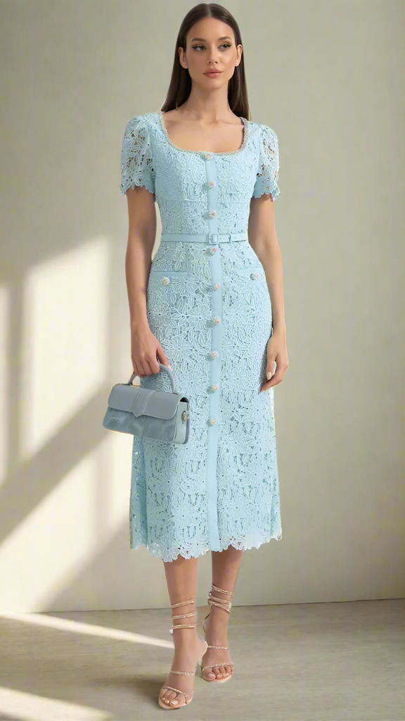 Desiré™ | Delicate Azure Lace Midi Dress - Baby Blue
