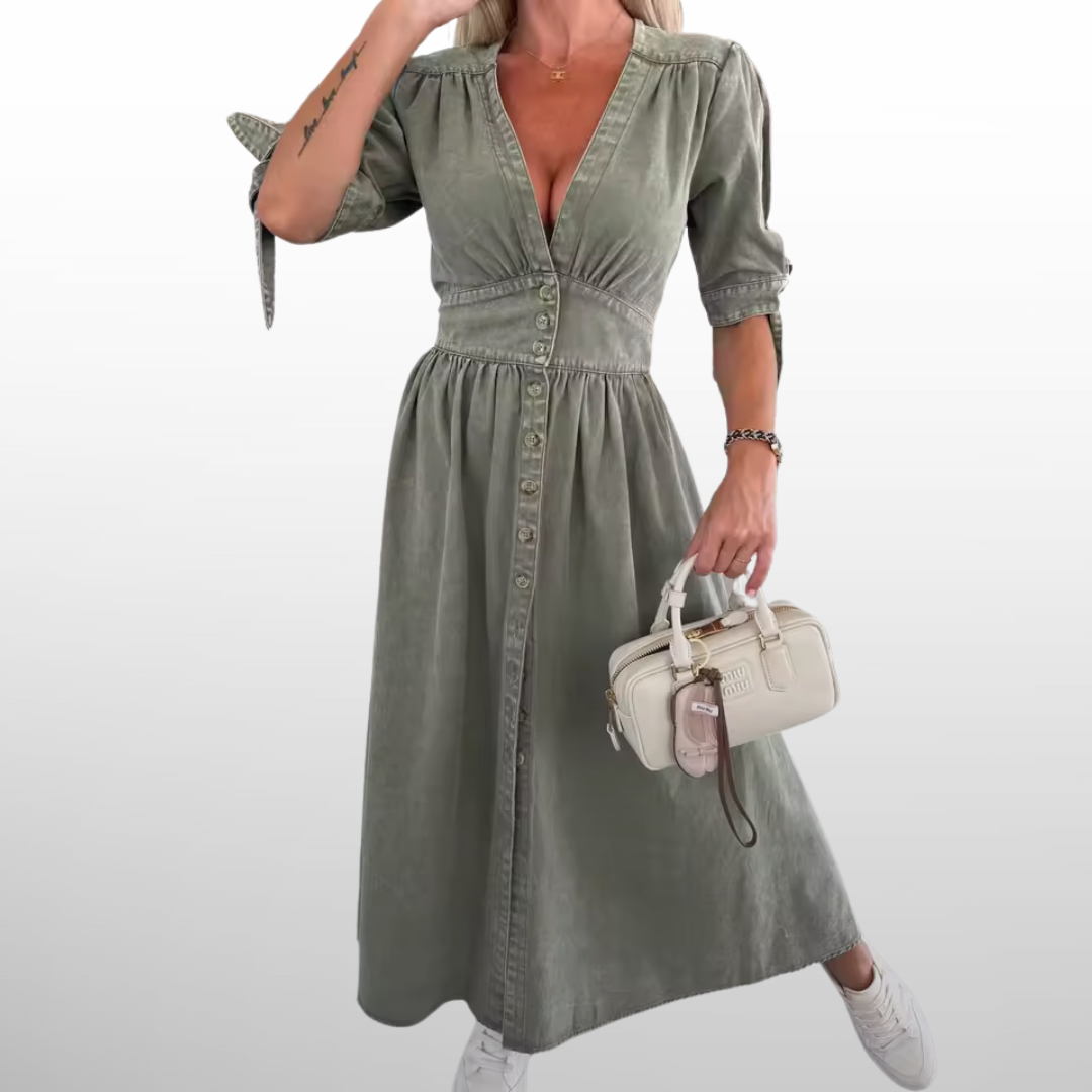 Camille™ | Elegant Vintage Jeansklänning med Knappar