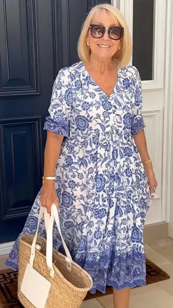 Fleur™ | Somrig midiklänning med blått blomstermönster