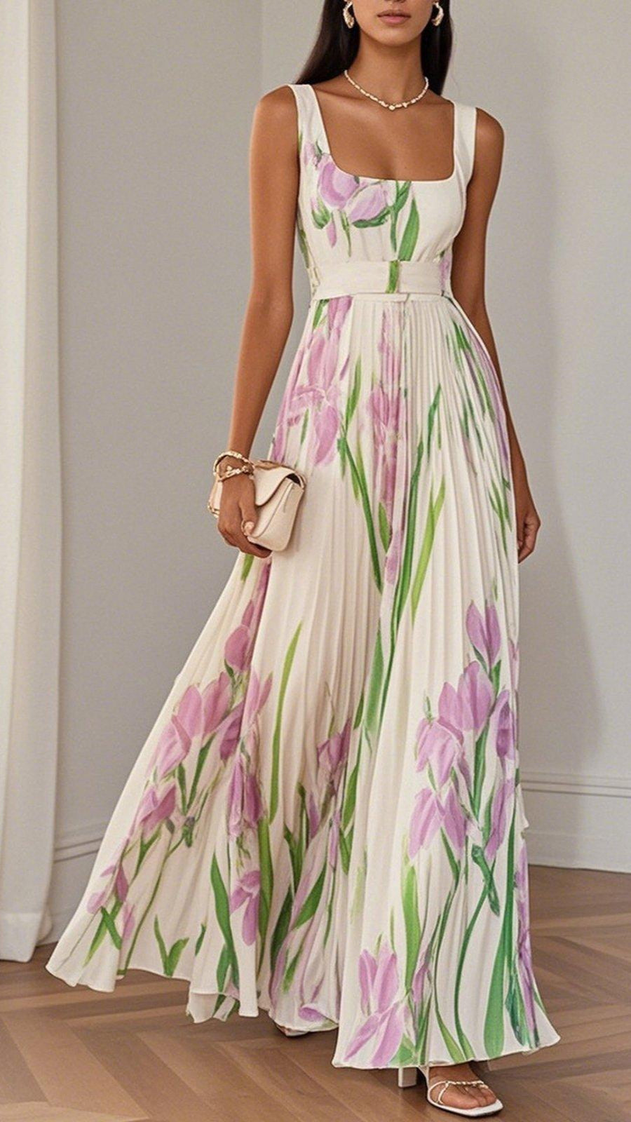 Lisa™ – Vit plisserad blommig chiffongklänning med fyrkantig halsringning, utan ärmar och A-linjeformad maxilängd